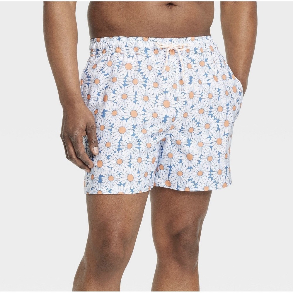 Goodfellow & Co Men's Size M Swim Trunks Shorts 5" Inseam Orange Daisies Pockets